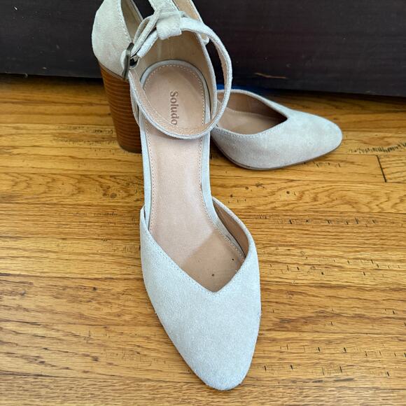 SOLUDOS | Suede Stack Heel Collette Heel - in Nude / Taupe | Size 9 - Picture 3 of 7